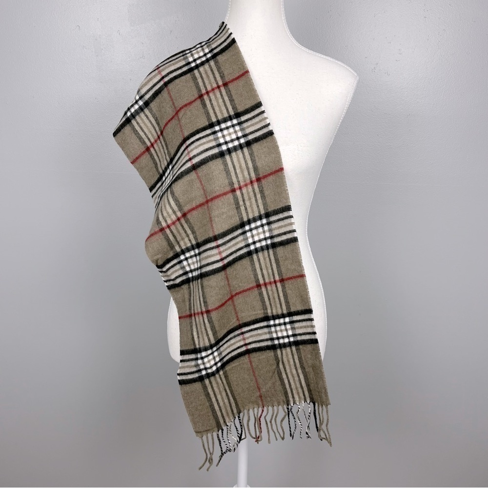 V.Fraas Cashmink 100% acrylic tan plaid fringed scarf, approx. 11”x52”.